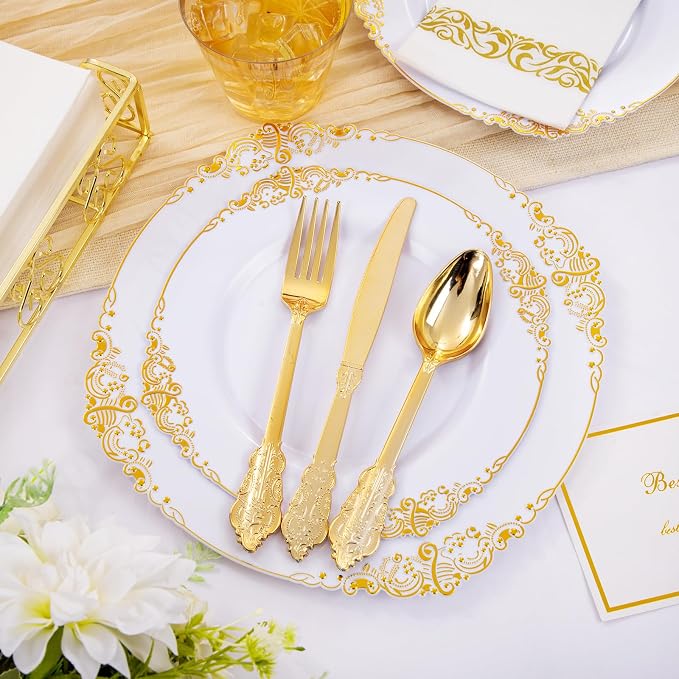 210 Pcs White Gold Plates for Party | White Party Plates Set for 30 Guests