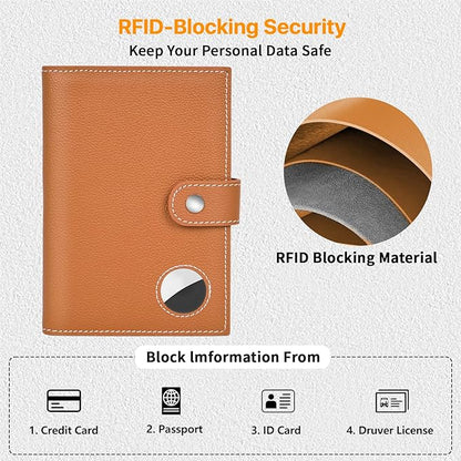 Genuine Leather Passport Holder, RFID Blocking Travel Wallet for Men/Women, Stylish Passport Cover with Airtag Slot, Durable Passport Wallet case travel essentials (Brown)