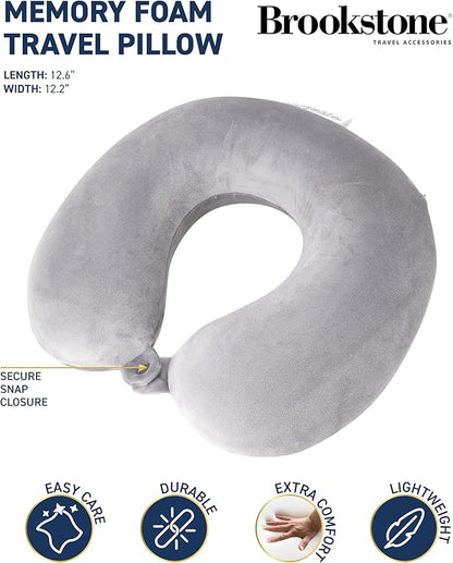 Brookstone Travel Neck Pillow - Lightweight Fleece Casing U-Shaped Stuffable Memory Foam Travel Pillow for Sleeping and Neck Support, Size One Size, Grey