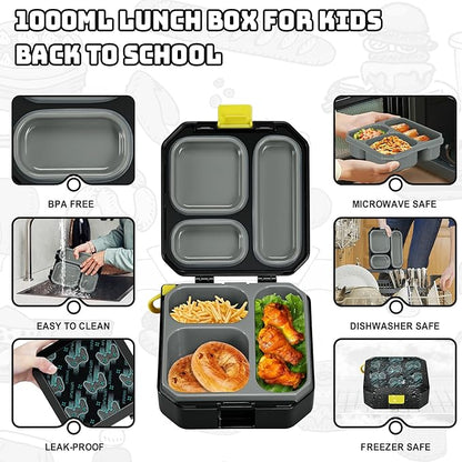 Itslife Bento Lunch Box Set for Kids with 12oz Soup Thermo&Lunch Bag, Leak-Proof Lunch Food Containers for Kids School, 5 Compartment, Sauce Cup, 10 Notes (Gaming Black)