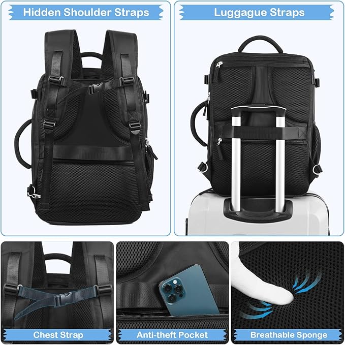 Hanples Travel Backpack for Women Men Large Carry On Person Item Flight Approved 17 In Laptop Backpack Waterproof anti theft Casual Luggage with 2 Toiletry Bag(Black)