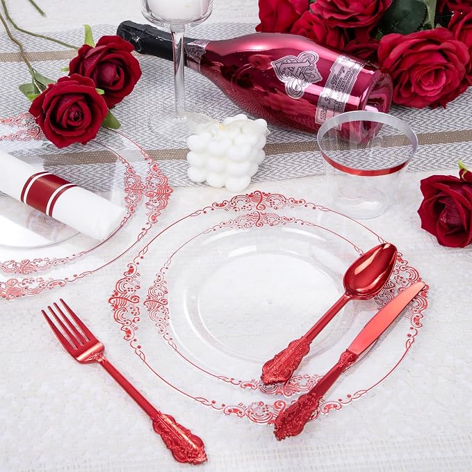 175 Pcs Clear Red Plates for Party | Red Party Plates Set for 25 Guests