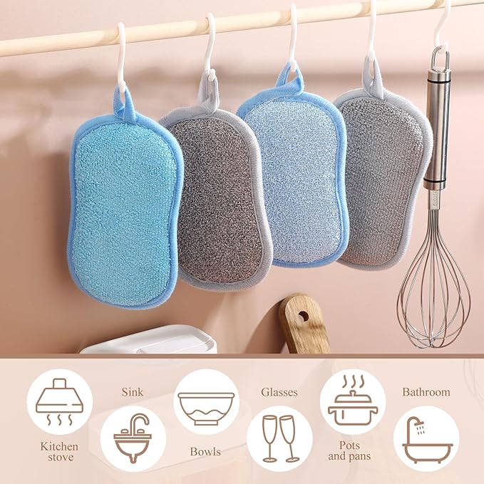 Boao 10 Pieces Multipurpose Kitchen Scrub Sponges, Non-Scratch Microfiber Scrub Sponges for Kitchen Reusable Scouring Pads Sponge Scrubber for Household Cleaning Dishes and Pots(Blue, Gray)