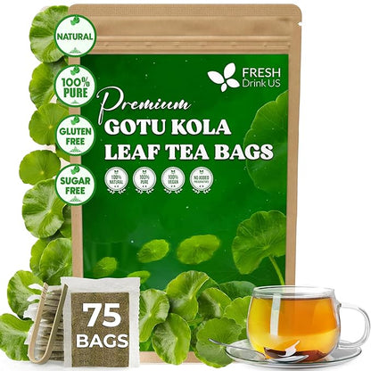 FreshDrinkUS, Premium Gotu Kola Leaf Tea – 75 Tea Bags | Pure Dried Centella Asiatica Leaves | Naturally Caffeine-Free Herbal Tea | Refreshing Aroma & Smooth Taste | Premium Herbal Infusion. Vegan