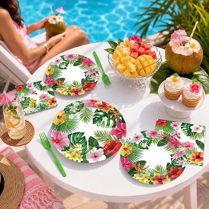 100 Pcs Tropical Luau Party Supplies Set, Serves 25 – Disposable Hibiscus