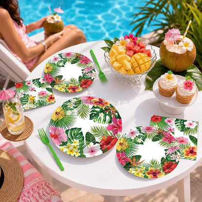 100 Pcs Tropical Luau Party Supplies Set, Serves 25 – Disposable Hibiscus