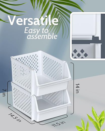 TidyFriend Plastic Stackable Storage Bins for Pantry, 2-Pack Stackable Bins for organizing food, kitchen, and bathroom essentials (White)