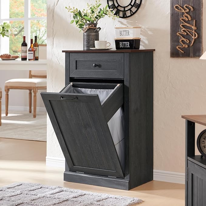 Tilt Out Laundry Hamper Cabinet, 10 Gallon Farmhouse Trash Can Cabinet with Drawer, Hidden Wood Garbage Can Bin Cabinet with Laundry Storage Basket for Bathroom, Kitchen, Dark Grey
