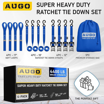 AUGO Heavy Duty Ratchet Straps & Soft Loops – Pack of 4 Extra Strong 1.5” by 10’ Ratchet Straps w/S-Hook Safety Latches & 4 Soft Loop Tie Downs – 4400Lb Break Strength for Motorcycles, ATVs, Etc.