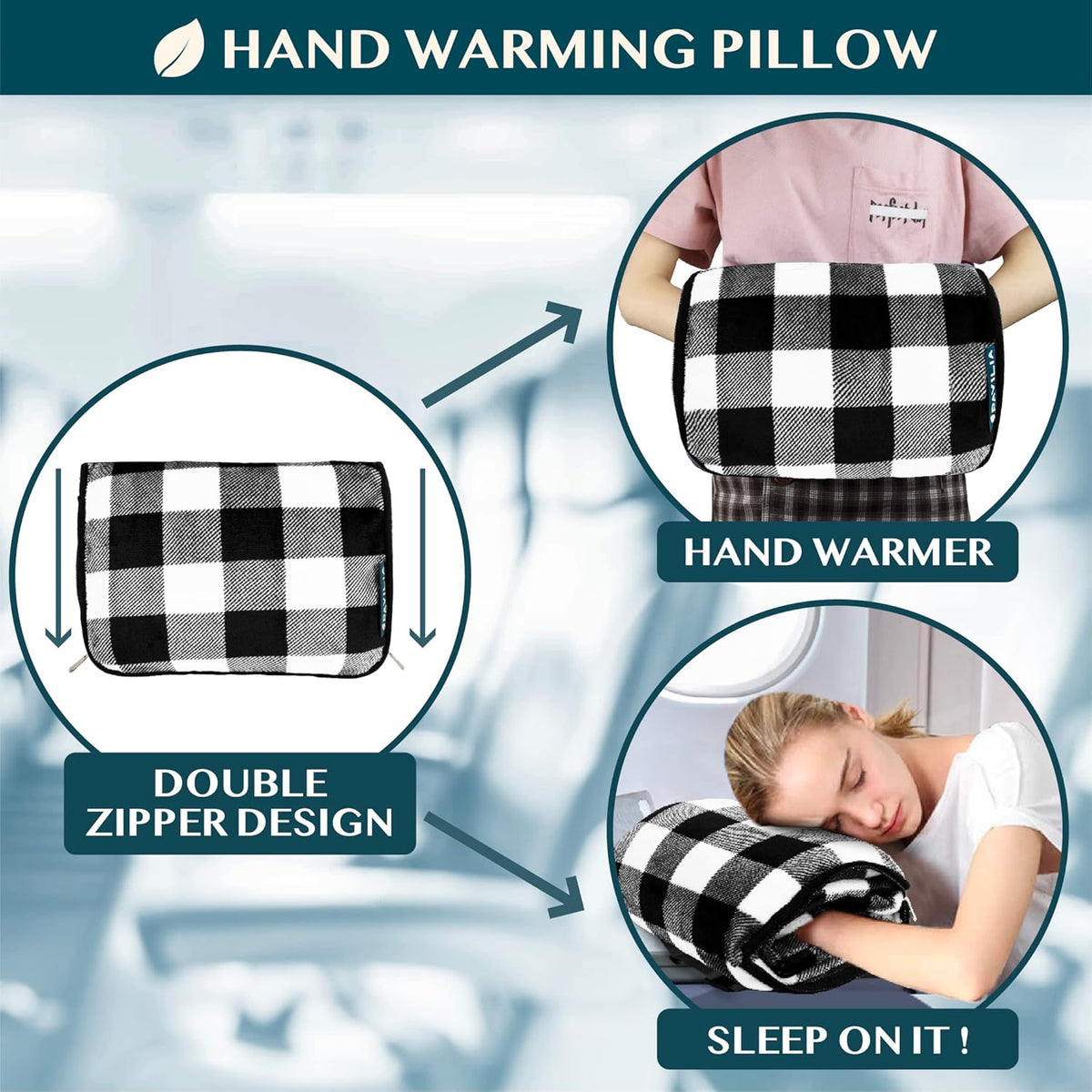 PAVILIA Travel Blanket Pillow, Soft Airplane Blanket 2-in-1 Combo Set, Plane Blanket Compact Packable, Flight Essentials Car Pillow, Travelers Gifts Accessories, Backpack Strap, 60x43 Checker White