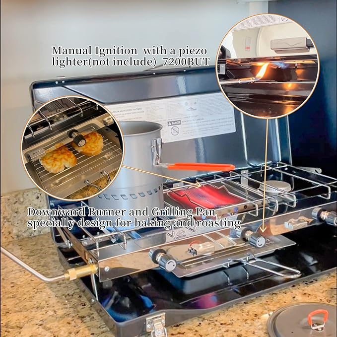 Camping Stove, 3 Burners Propane Portable Camp Stove with Regulator, Push-Button Instant Ignition, Adjustable Burners & Wind Guards for Car BBQ Picnics Outdoor Cooking (BLACK-20400 BTUs)