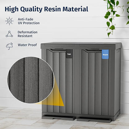 EAST OAK 62 Gallon Outdoor Trash Can | Waterproof Resin Garbage Can with Recycle and Garbage Labels | Secure Bag Lip Lock and Drip Tray | Outside Trash Bin for Patio | Kitchen, Backyard or Deck | Gray