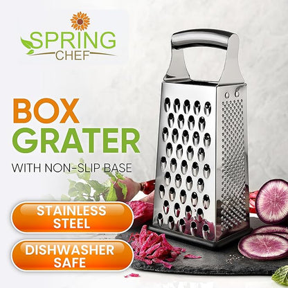 Spring Chef Professional Large Parmesan Cheese Grater, Stainless Steel Metal Box Grater with Handle, 4 Sided Handheld Kitchen Food Shredder for Cheese, Carrot, Veggie, Ginger, Potato - Dishwasher Safe