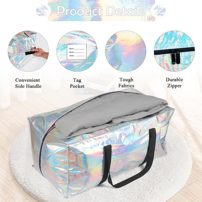 4 Pack Heavy Duty Moving Bags Extra Large Waterproof Foldable Clothing Storage Totes Bags with Zipper,Reinforced Handles,Packing Moving Boxes for Dorm & Seasonal Storage,Iridescent