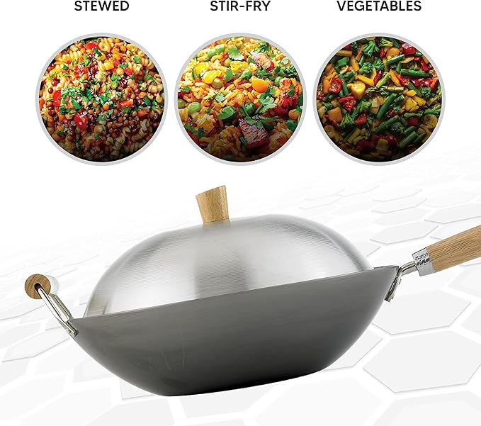 Helen's Asian Kitchen Wok Set - Wok Pan with Lid, 13.5 Inch Carbon Steel Wok - Nonstick Flat Bottom Wok for Stir Fry - Includes 4pc Accessories - Perfect for Gas, Electric, Induction Stovetops
