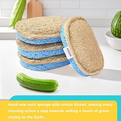 Natural Scrub Sponges Kitchen, Dual-Sided Loofah Dish Sponge - Plastic-Free, Scrubbing Power Without Scratching - 4 Pack Blue