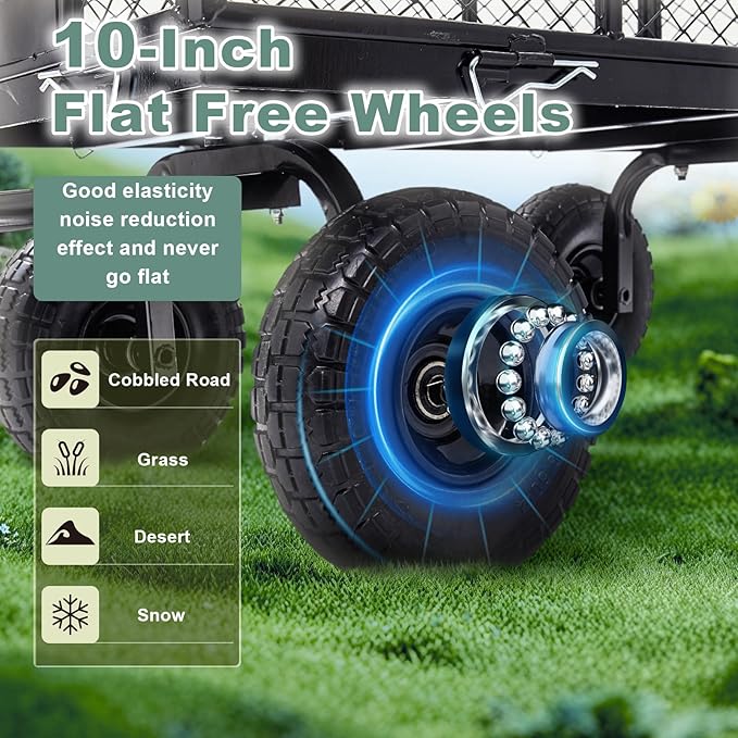 Garden Wagon Cart Heavy Duty 880 LBS Steel Utility Cart with All-Terrains 3.50-4" Solid Wheels 10" Tires, 180° Rotating Handle, Removable Sides, Laser-Welded Frame & Multi-Surface