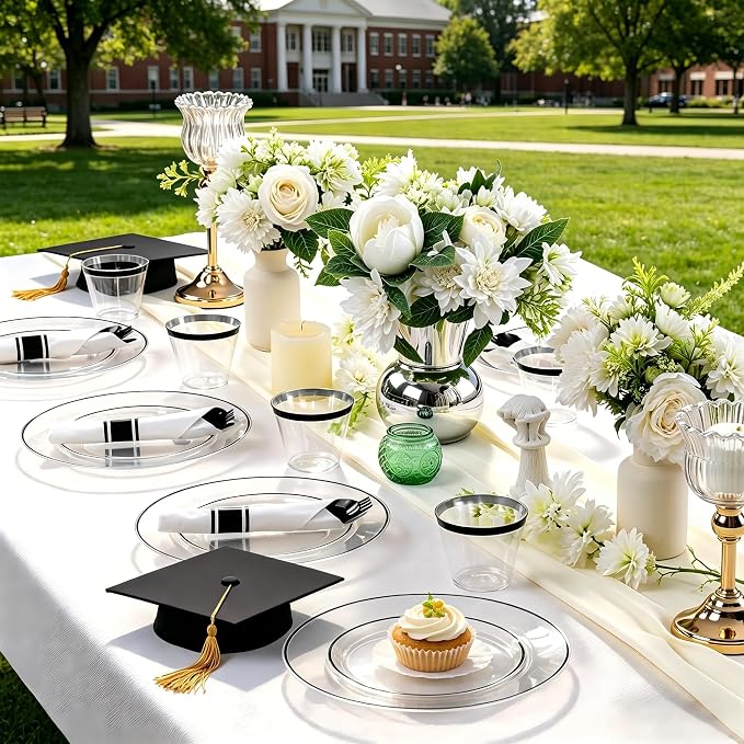 SUT 175 Pcs Black and Clear Plastic Dinnerware Set