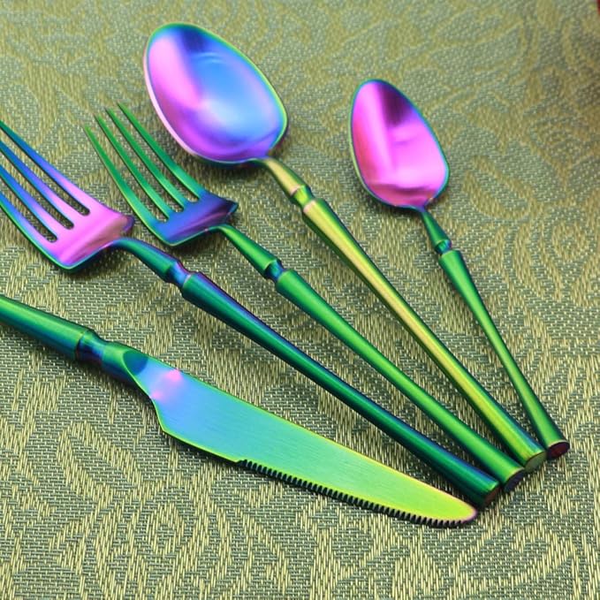 Gugrida Unique & Beautiful Flatware Set - 5 Piece Iridescent Silverware Sets | 18/10 Stainless Steel Reusable Cutlery Set | Rainbow Utensils Service For 1 with Dessert Fork, Knife, Spoon, Dinner Fork