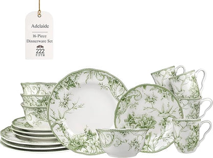 222 Fifth Adelaide Moss 16-Piece Porcelain Dinnerware Set – Service for 4, Plates, Bowls & Mugs, Hand-Applied Decal, Microwave & Dishwasher Safe, for Everyday Dining & Entertainment