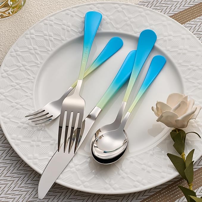20-Pieces Color Silverware Sets for 4,Blue and Yellow Handle Stainless Steel Cutlery Set, Include Forks Spoons and Knives Set, Dishwasher Safe Utensil Sets for Home Restaurant