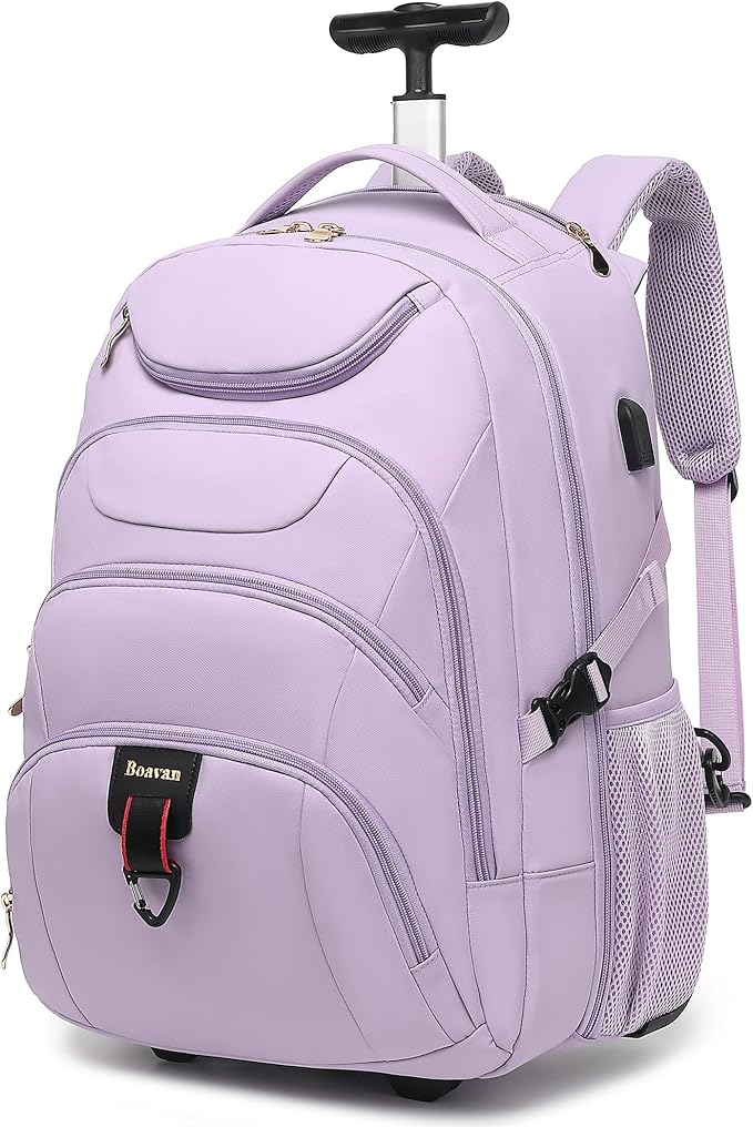 Boavan Rolling Backpack for Women, 17.3 Inch Wheeled Laptop Backpack,Large Travel CarryOn Bag for Teachers College Students, USB Charging Port Waterproof Business for Airplane Overnight Luggage，Purple