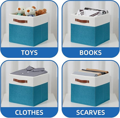 Temary Storage Cube Bins 11 Cube Storage Bins Storage Baskets for Closet, Shelves 4 Pack Fabric Organizer Bins with Leather Handles(White&Teal)