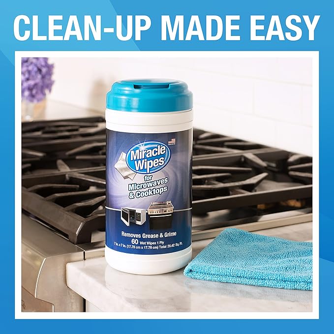 MiracleWipes for Microwaves and Cooktops, Easily Removes Food and Grime Buildup, Safe and Convenient Stove Top Cleaner, Great for Home and Kitchen Use - 60 Count