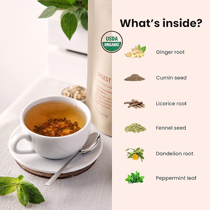 Gardenika Organic Digestive Loose Leaf Tea, Stomach Ease Herbal Caffeine-Free Leaves, Ayurvedic Blend with Dandelion Root, Ginger, Peppermint, Licorice – 4 oz