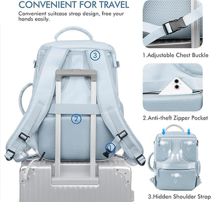 Beraliy Large Travel Backpack Women, Airline Approved Backpack, Carry On luggage, 17 inch Laptop Backpack, Waterproof Business Hiking Bag, Light-blue