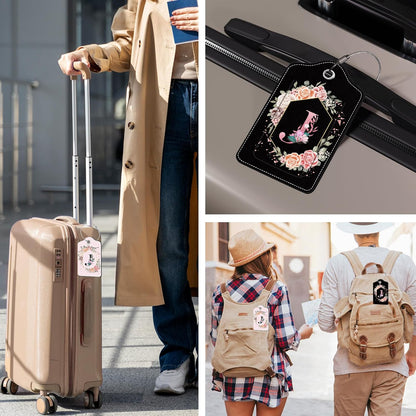 2Pcs Letter J Luggage Tag for Women, Pink Leather Luggage Tags for Suitcases Waterproof, Name ID Labels with Privacy Cover Suitcases Bag Baggage Tags for Travel, Travel Accessory Luggage Tag
