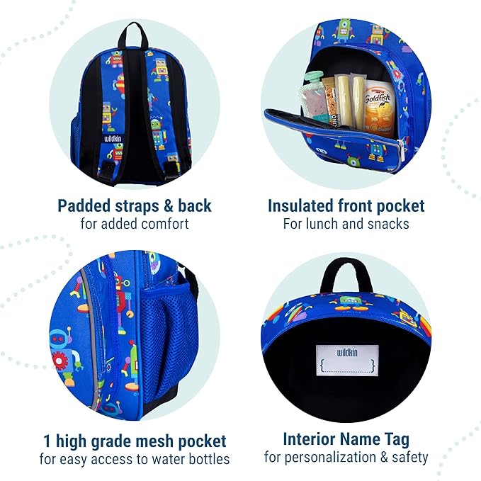 Wildkin 12-inch Kids Backpack – Padded, Adjustable, Ideal for Daycare & Travel - Robots