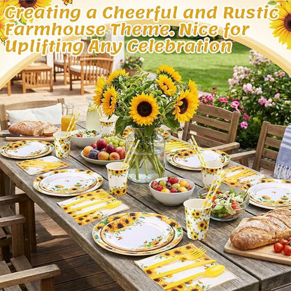 450 Pcs Sunflower Birthday Tableware Set Decorations, Serves 50 | Floral Paper