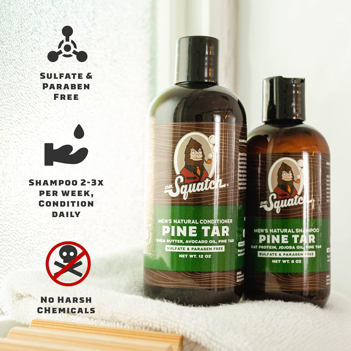 Dr. Squatch Natural Hair Bundle for Men - Healthy, Full Looking Hair - Pine Tar Shampoo (8 fl oz), Pine Tar Conditioner (11.5 fl oz)