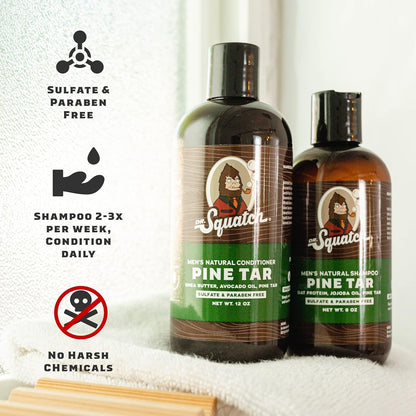 Dr. Squatch Natural Hair Bundle for Men - Healthy, Full Looking Hair - Pine Tar Shampoo (8 fl oz), Pine Tar Conditioner (11.5 fl oz)
