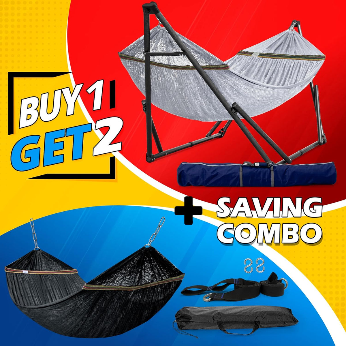 Tranquillo Combo x2 Hammocks with Stand for Outside & Tree Straps, Heavy Duty Hammock with Stand 600lbs for Indoor Outdoor Patio Backyard, x2 Hammocks for 2 Person, Portable Carrying Bags, Gray