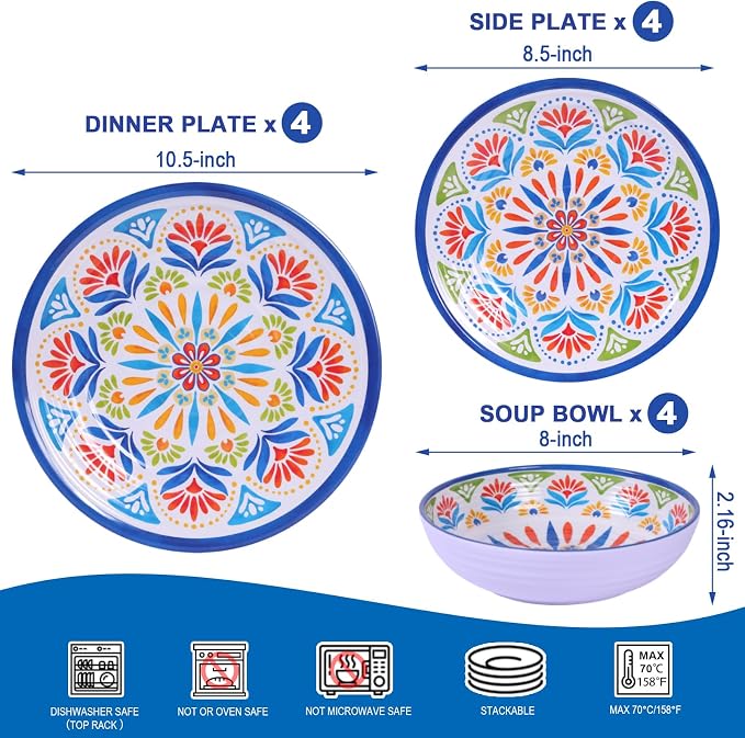 Dinnerware Set 12Pcs Melamine Plates and Bowls | Wedding Gift, Floral Pattern