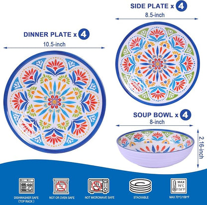 Dinnerware Set 12Pcs Melamine Plates and Bowls | Wedding Gift, Floral Pattern