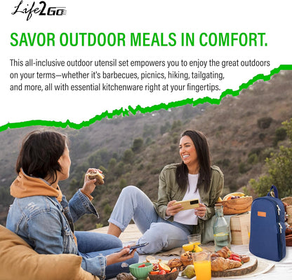 12 Pcs Camp Cooking Utensil Set & Outdoor Kitchen Gear Cookware Kit, Portable Compact Carry Case for Camping, Hiking, Travel, BBQ Grilling Stainless Steel Accessories Spoon & Fork, Navy