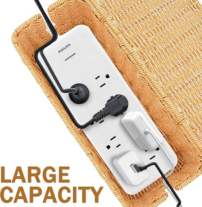 Cable Management Box, Handmade Imitation Rattan Cord Cable Organizer, Open Slots Cords Hider Box Under Desk Cord Organizer for Computer Router USB Hub & Power Strip