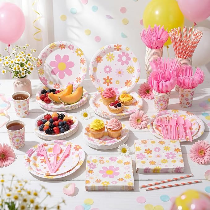 450 Pcs Daisy Groovy Tableware Set Decorations, Serves 50 | Boho Daisy Flower