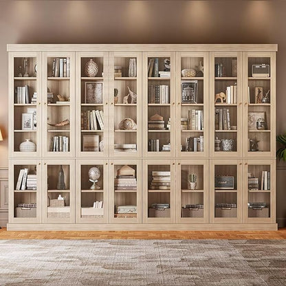 70.8" Tall Brown Bookshelf with Glass Doors, Farmhouse Modular Bookcase with 6-Tier Adjustable Shelves, Large Storage Cabinet for Home Office, Living Room, Set of 3