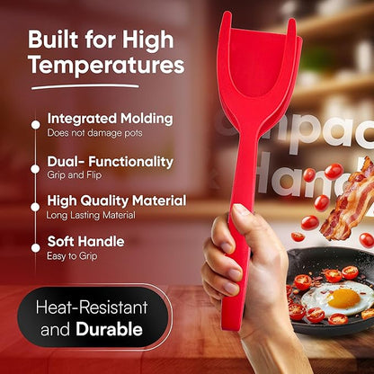 Egg Flipper Spatula Tongs (Set of 2) – Non-Stick 2-in-1 Grip & Flip Kitchen Tongs for Pancakes, Fish, Eggs, and More – Heat Resistant Cooking Tool (Black + Red)