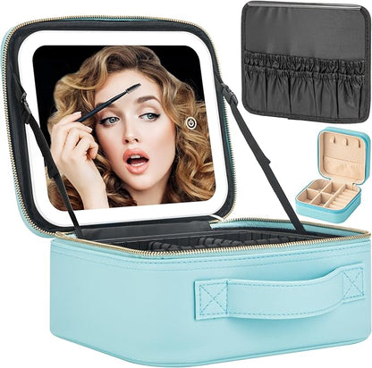 Makeup Travel Train Case with Mirror LED Light 3 Adjustable Brightness Large Cosmetic Bag Portable Storage Adjustable Partition Waterproof Makeup Brushes Make up Jewelry Gift for Women