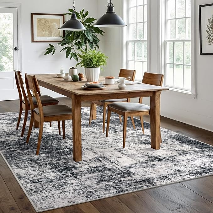 IOHOUZE Modern Abstract Area Rugs 6x9 Ft Washable Rugs for Living Room, Non Slip Dining Room Rug, Printed Faux Wool Rugs for Bedroom, Floor Carpet for Office Nursery Playroom, Black Grey