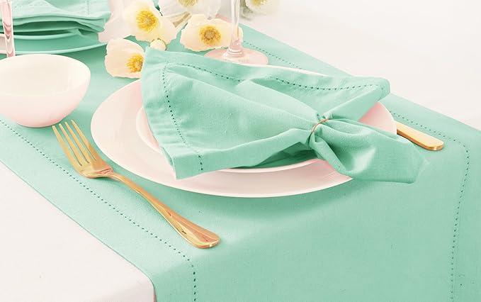 PurpleEssences Set of 6 Hemstitch Cloth Dinner Napkins 100% Cotton - Soft Durable Washable - Ideal for Wedding Christmas Holiday Winter - Perfect Everyday Use Table Linen 18x18 - Turquoise