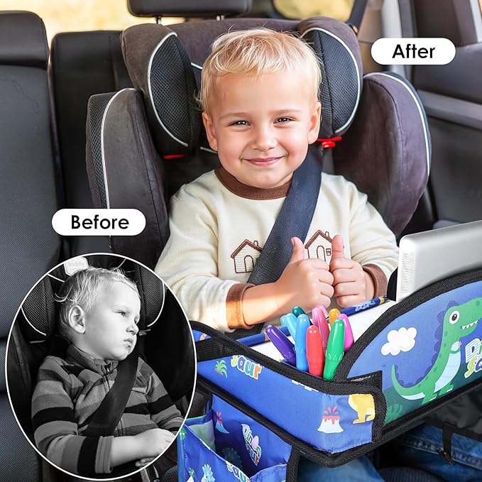 Kids Travel Tray for Airplane - Toddler Car Seat Table Tray, Road Trip Essentials for Boys & Girls, Carseat Lap Desk for Kids Road Trip Activities,Blue Dinosaur