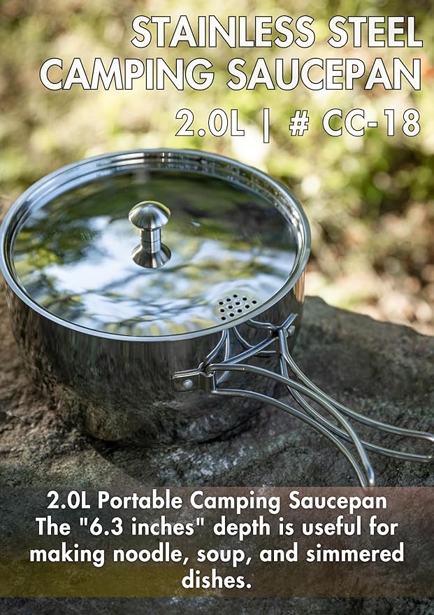 CAMPINGMOON 2 Quart Camping Saucepan 3-ply Stainless Steel Cooking Pot w/Lid Foldable Handle Compact Storage Portable IH Compatible CC-18