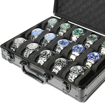 15 slots Watch organizer Case, Aluminum watch storage box, hard watch travel box, padded case for watch display and organization