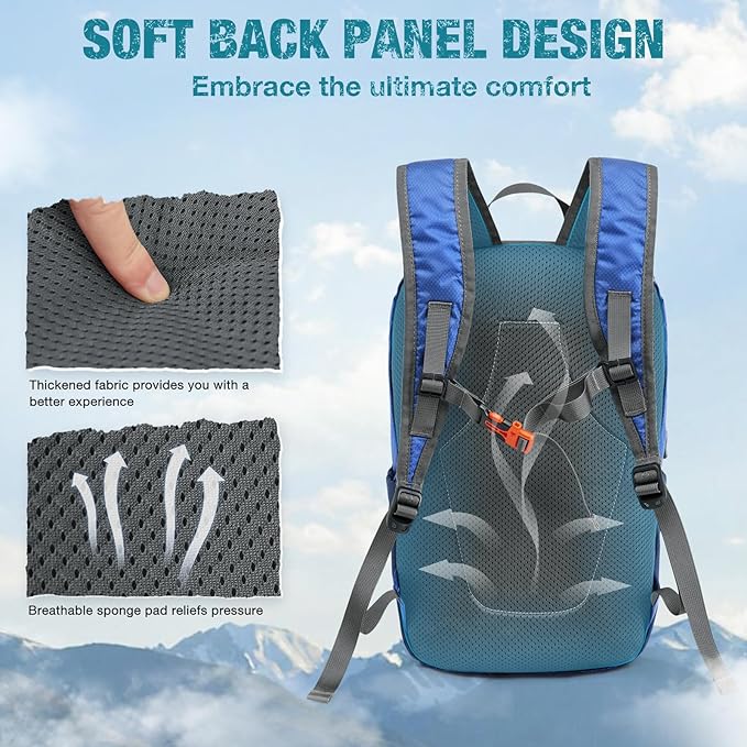 G4Free Packable Hiking Backpack 20L Lightweight Foldable Travel Daypack with Thickened Back Panel for Men Women(Blue)